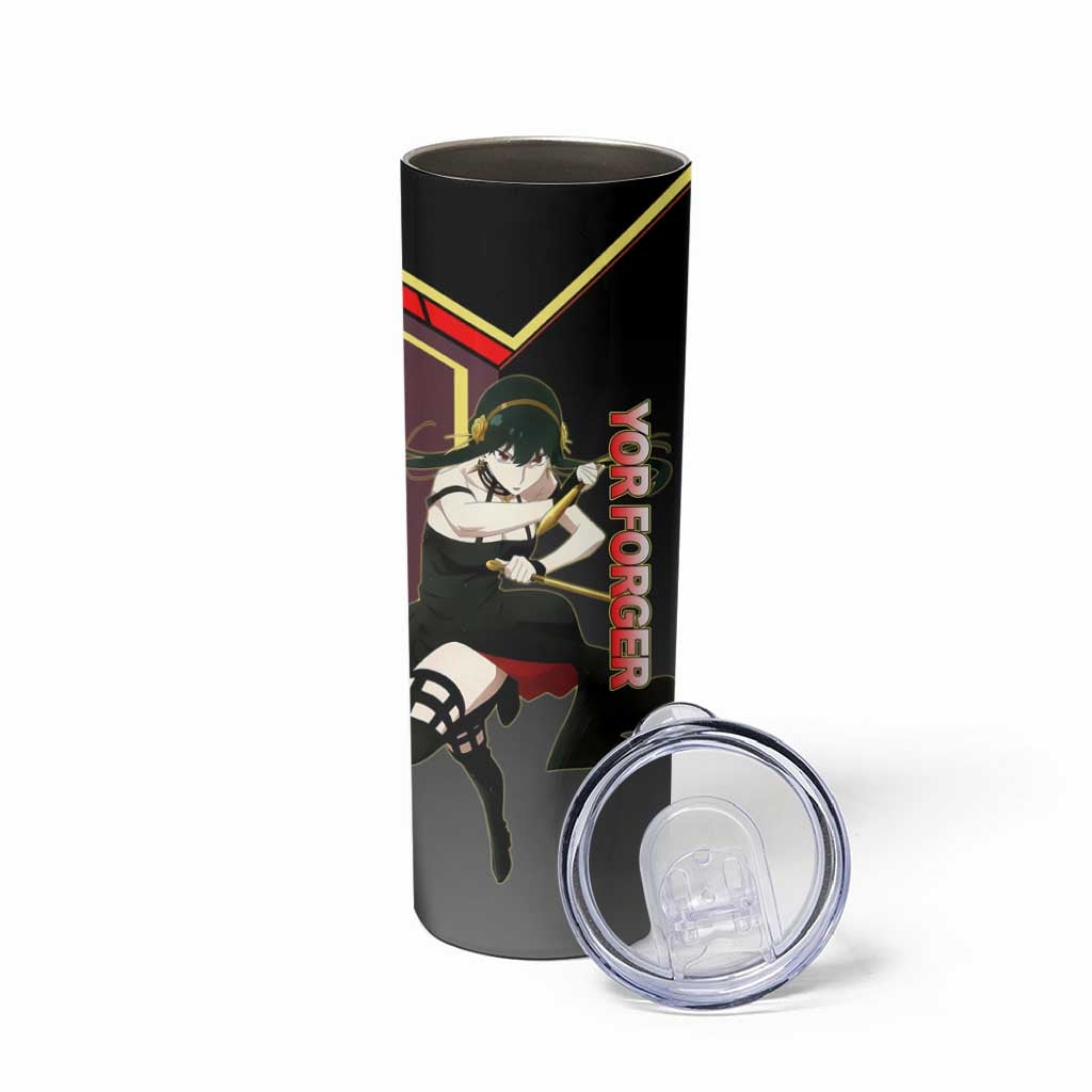 Yor Forger Spy x Family Red and Black Assassin Theme Skinny Tumbler with Elegant Weapon Pose and Bold Color Accents - The Mazicc