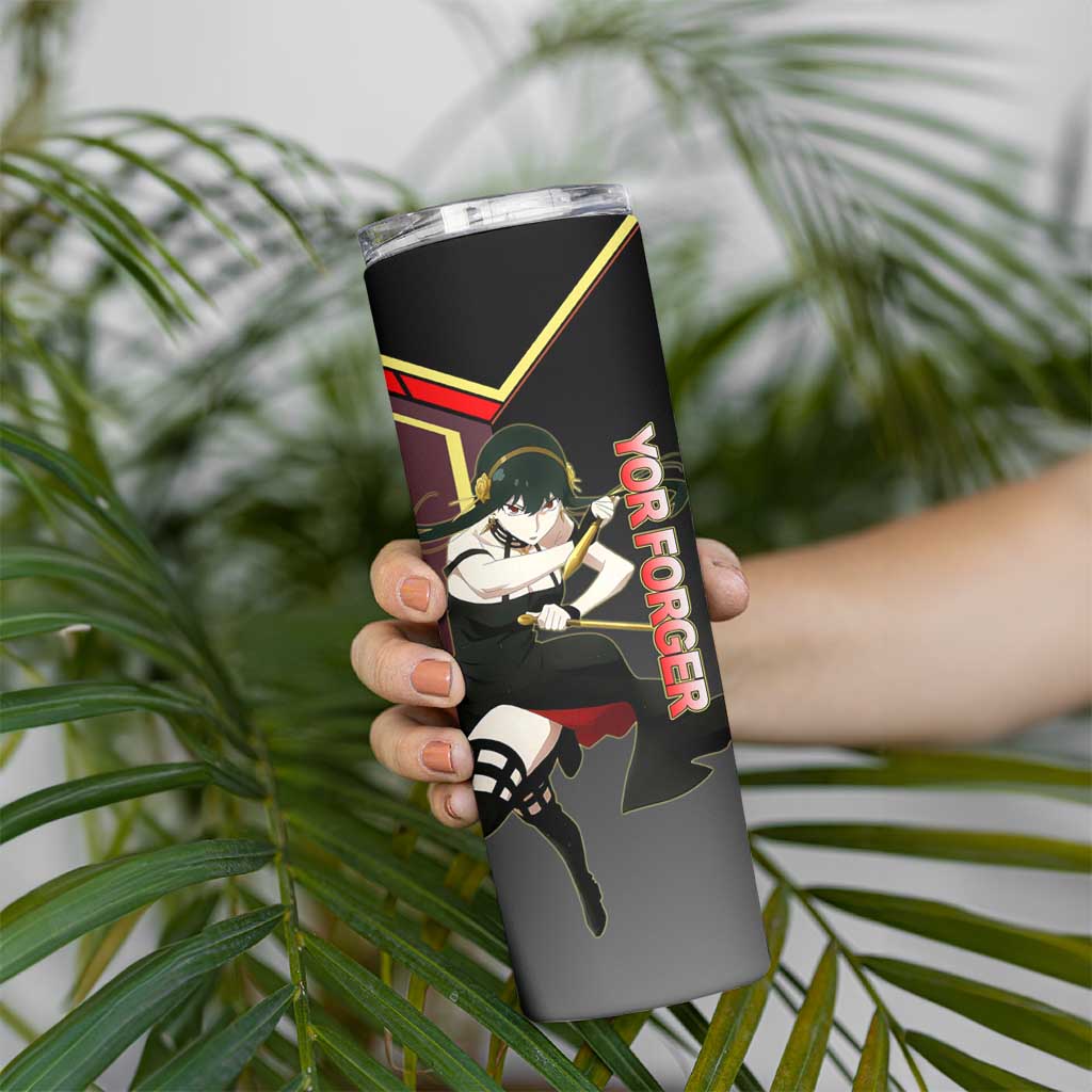 Yor Forger Spy x Family Red and Black Assassin Theme Skinny Tumbler with Elegant Weapon Pose and Bold Color Accents - The Mazicc