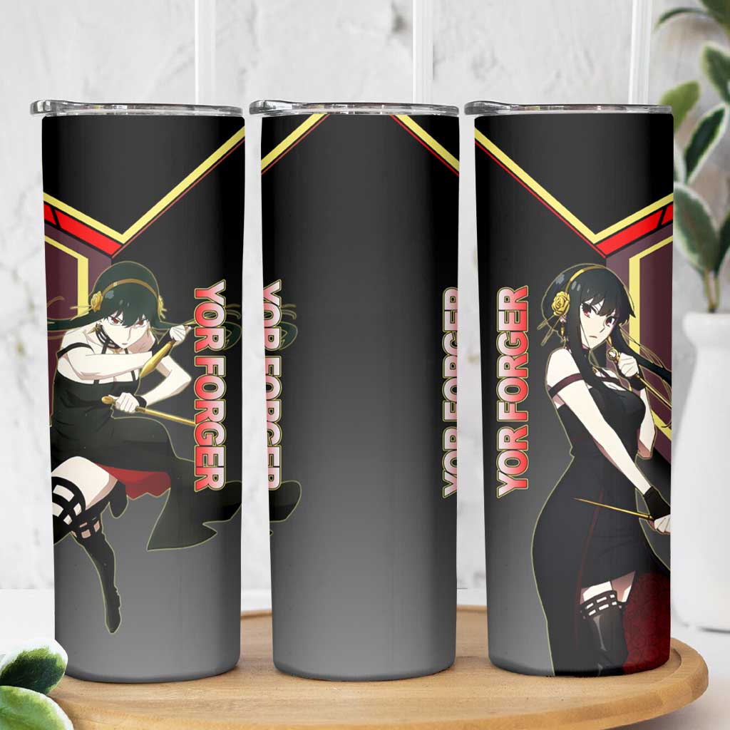 Yor Forger Spy x Family Red and Black Assassin Theme Skinny Tumbler with Elegant Weapon Pose and Bold Color Accents - The Mazicc