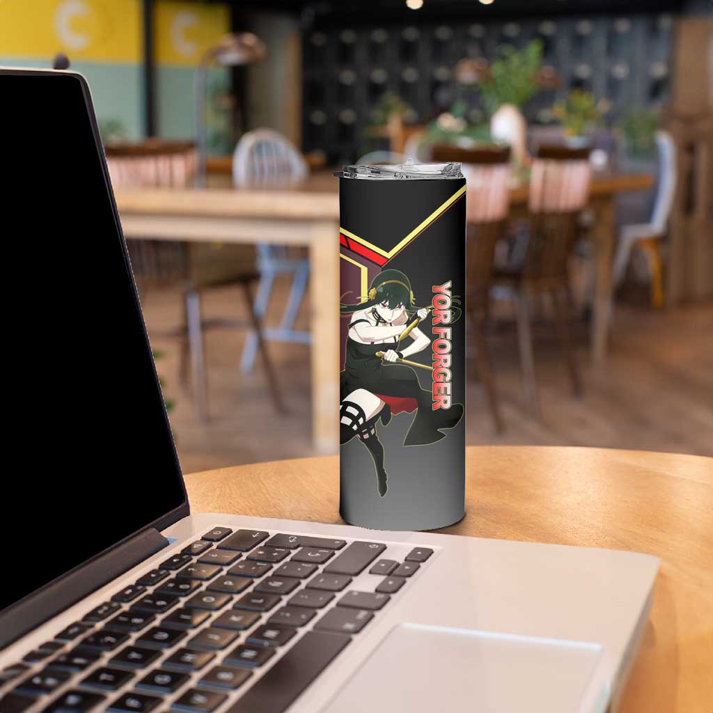 Yor Forger Spy x Family Red and Black Assassin Theme Skinny Tumbler with Elegant Weapon Pose and Bold Color Accents - The Mazicc