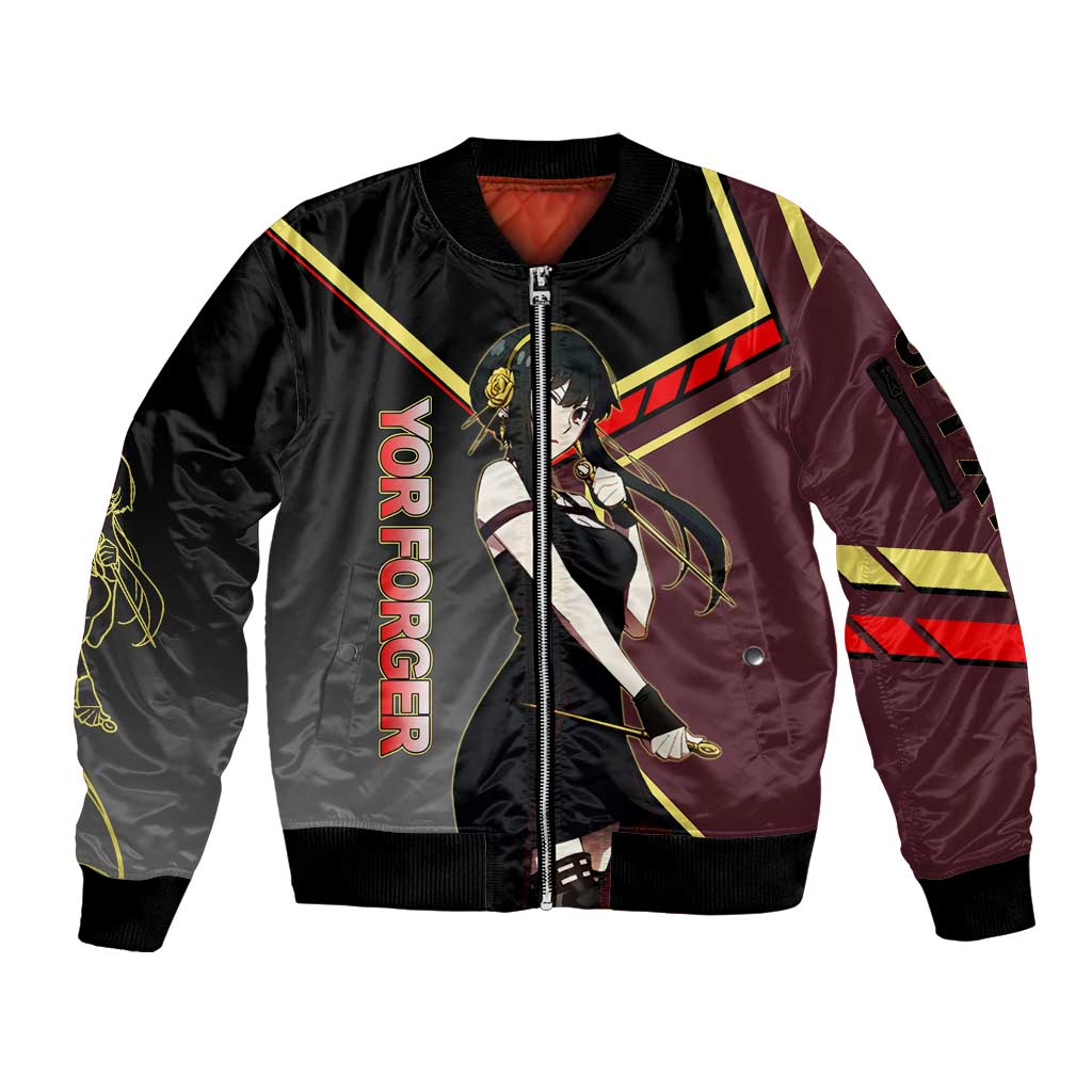 Yor Forger Spy x Family Red and Black Assassin Theme Sleeve Zip Bomber Jacket with Elegant Weapon Pose and Bold Color Accents - The Mazicc