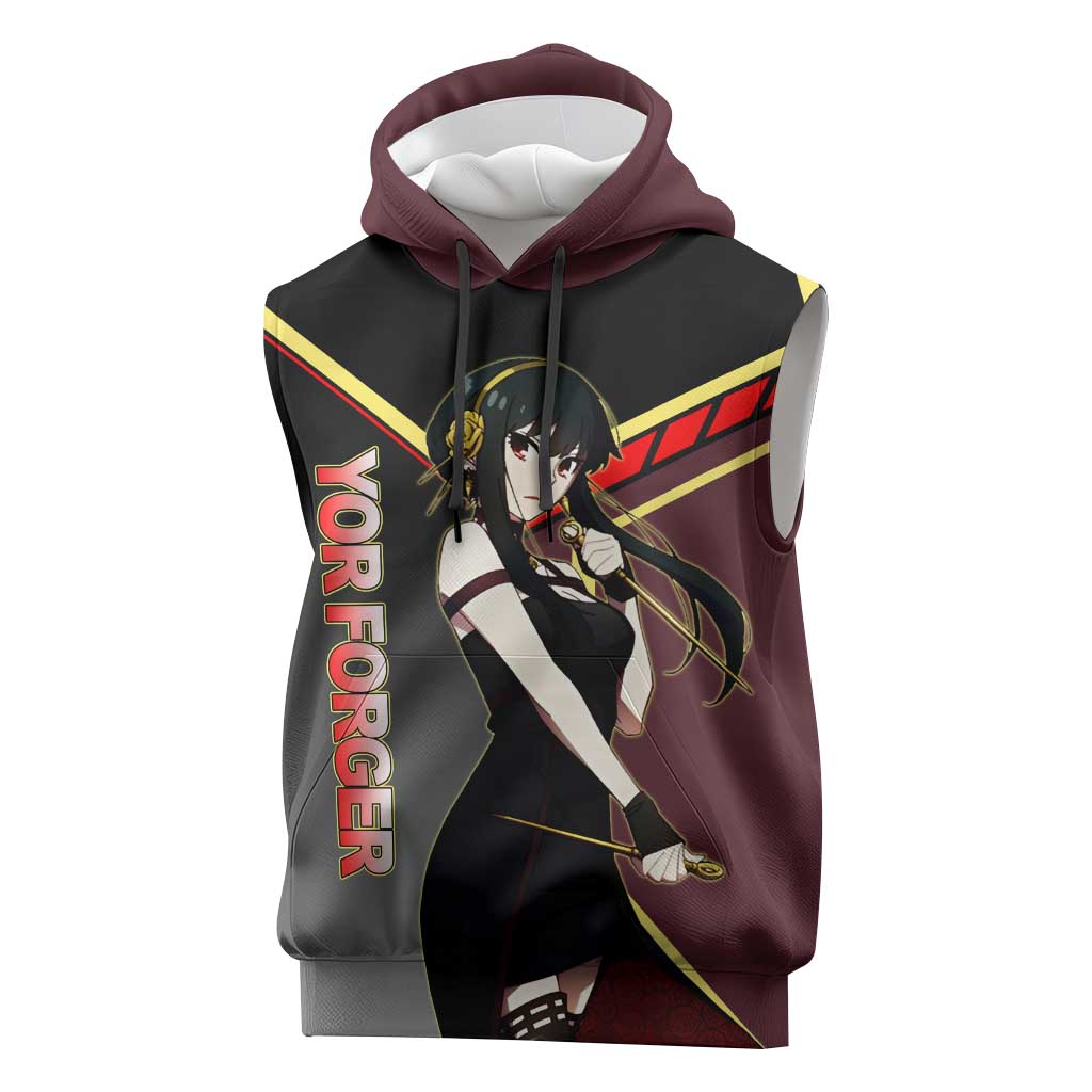 Yor Forger Spy x Family Red and Black Assassin Theme Sleeveless Hoodie with Elegant Weapon Pose and Bold Color Accents - The Mazicc