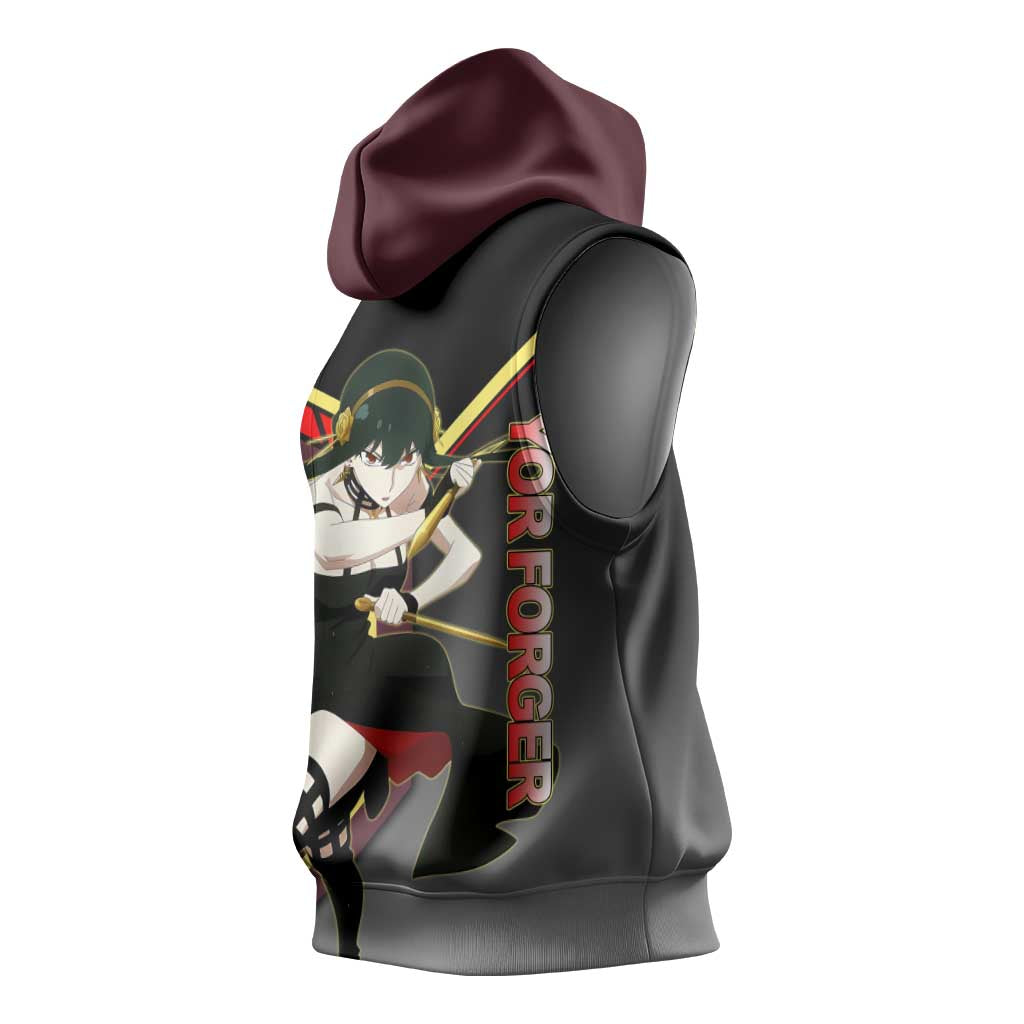 Yor Forger Spy x Family Red and Black Assassin Theme Sleeveless Hoodie with Elegant Weapon Pose and Bold Color Accents - The Mazicc