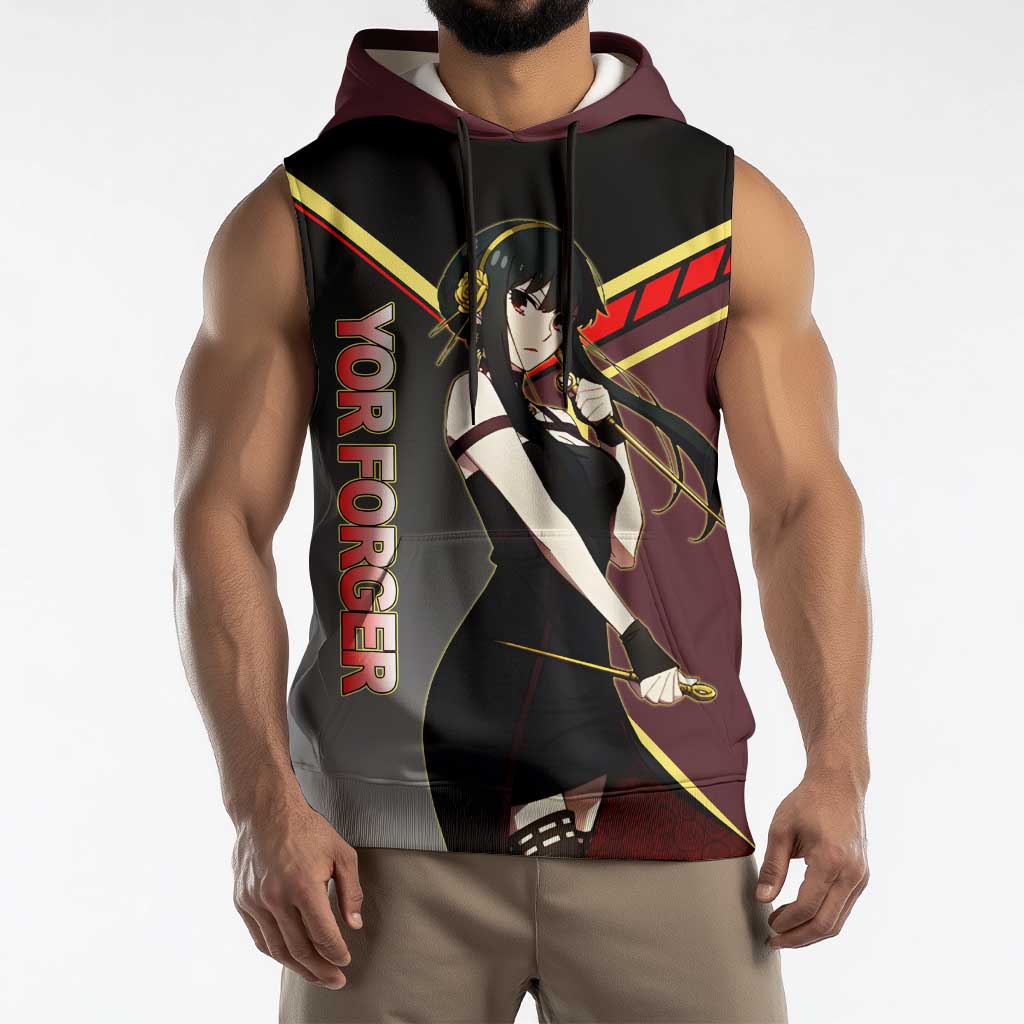 Yor Forger Spy x Family Red and Black Assassin Theme Sleeveless Hoodie with Elegant Weapon Pose and Bold Color Accents - The Mazicc