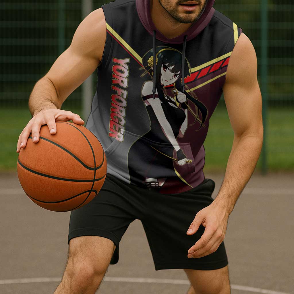 Yor Forger Spy x Family Red and Black Assassin Theme Sleeveless Hoodie with Elegant Weapon Pose and Bold Color Accents - The Mazicc
