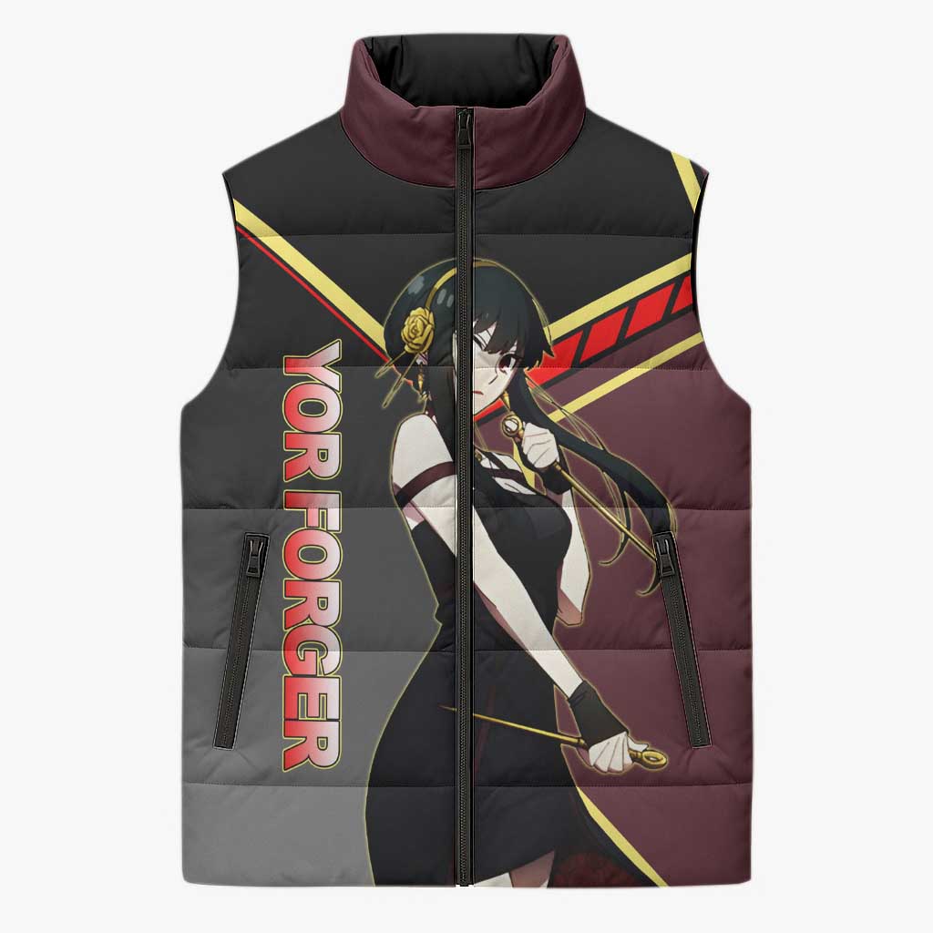 Yor Forger Spy x Family Red and Black Assassin Theme Sleeveless Puffer Jacket with Elegant Weapon Pose and Bold Color Accents - The Mazicc
