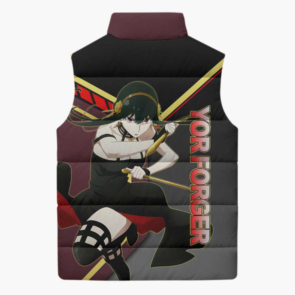 Yor Forger Spy x Family Red and Black Assassin Theme Sleeveless Puffer Jacket with Elegant Weapon Pose and Bold Color Accents - The Mazicc