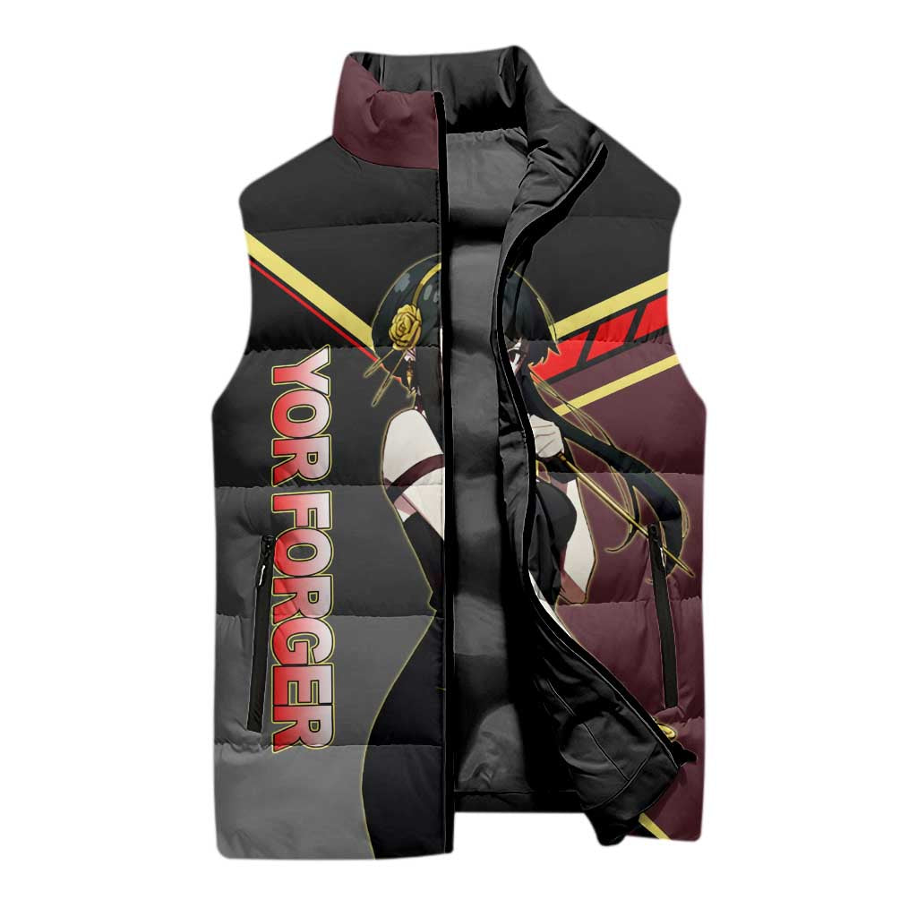 Yor Forger Spy x Family Red and Black Assassin Theme Sleeveless Puffer Jacket with Elegant Weapon Pose and Bold Color Accents - The Mazicc