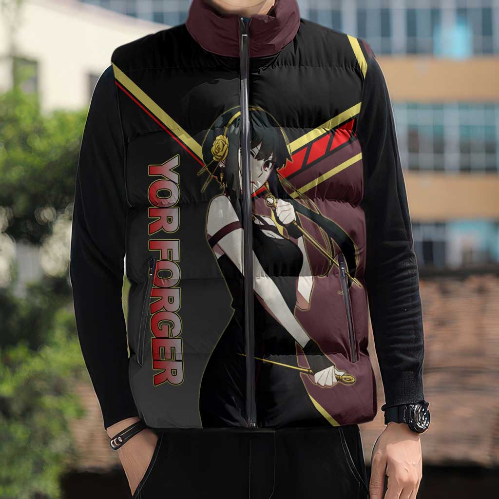 Yor Forger Spy x Family Red and Black Assassin Theme Sleeveless Puffer Jacket with Elegant Weapon Pose and Bold Color Accents - The Mazicc