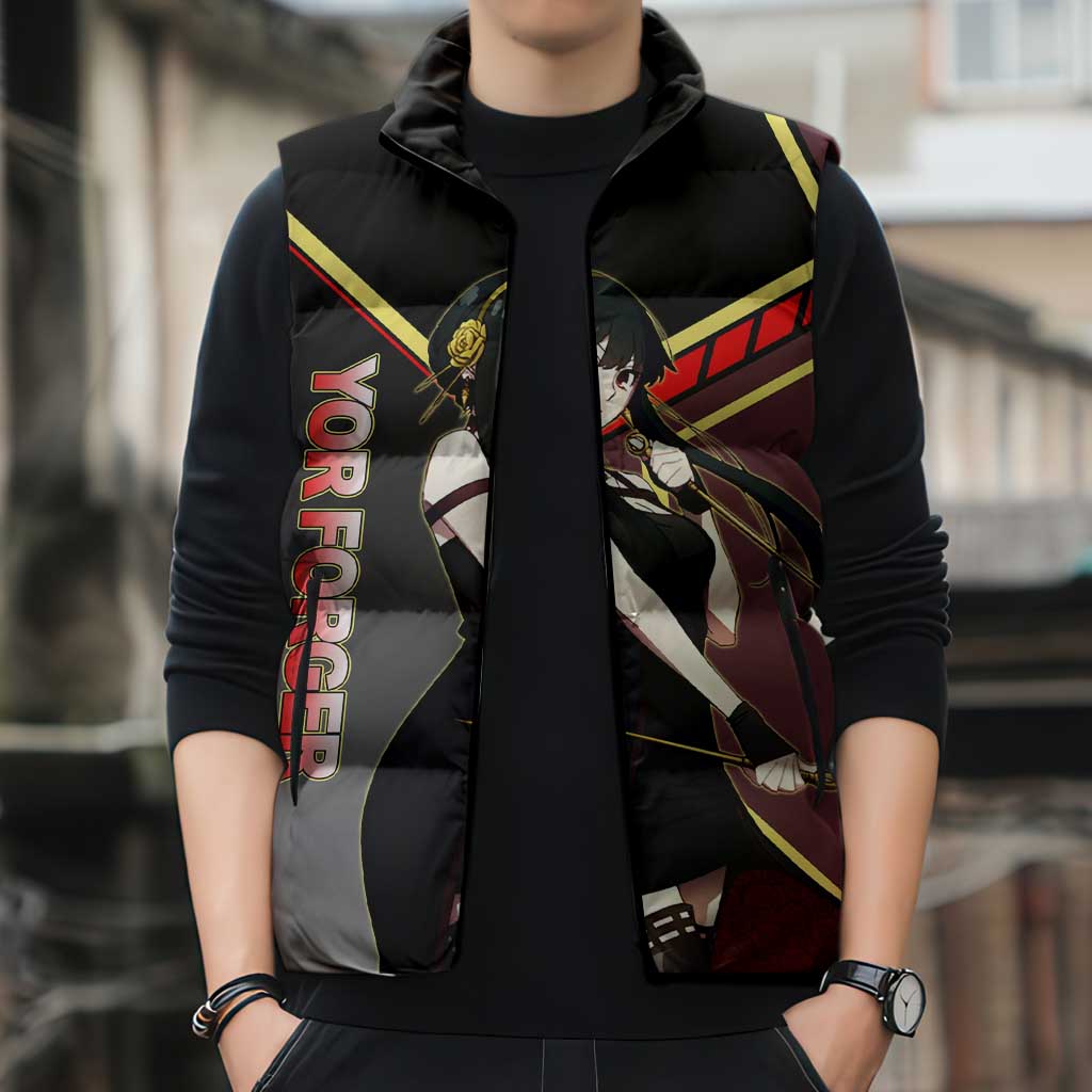 Yor Forger Spy x Family Red and Black Assassin Theme Sleeveless Puffer Jacket with Elegant Weapon Pose and Bold Color Accents - The Mazicc