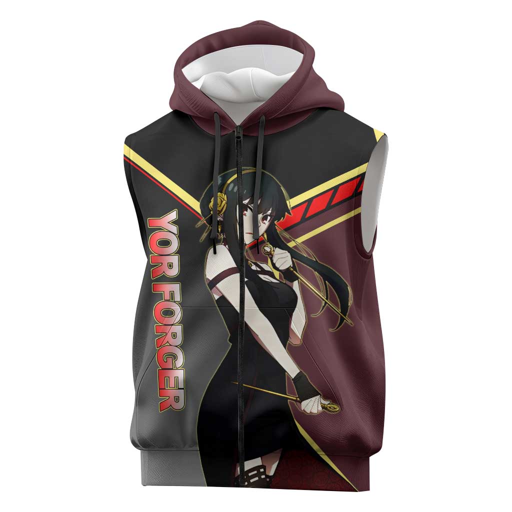 Yor Forger Spy x Family Red and Black Assassin Theme Sleeveless Zip Hoodie with Elegant Weapon Pose and Bold Color Accents - The Mazicc