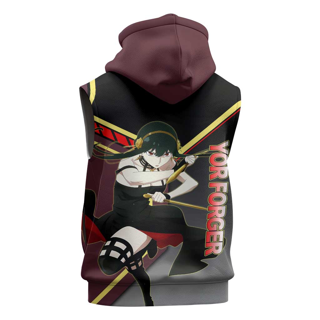 Yor Forger Spy x Family Red and Black Assassin Theme Sleeveless Zip Hoodie with Elegant Weapon Pose and Bold Color Accents - The Mazicc