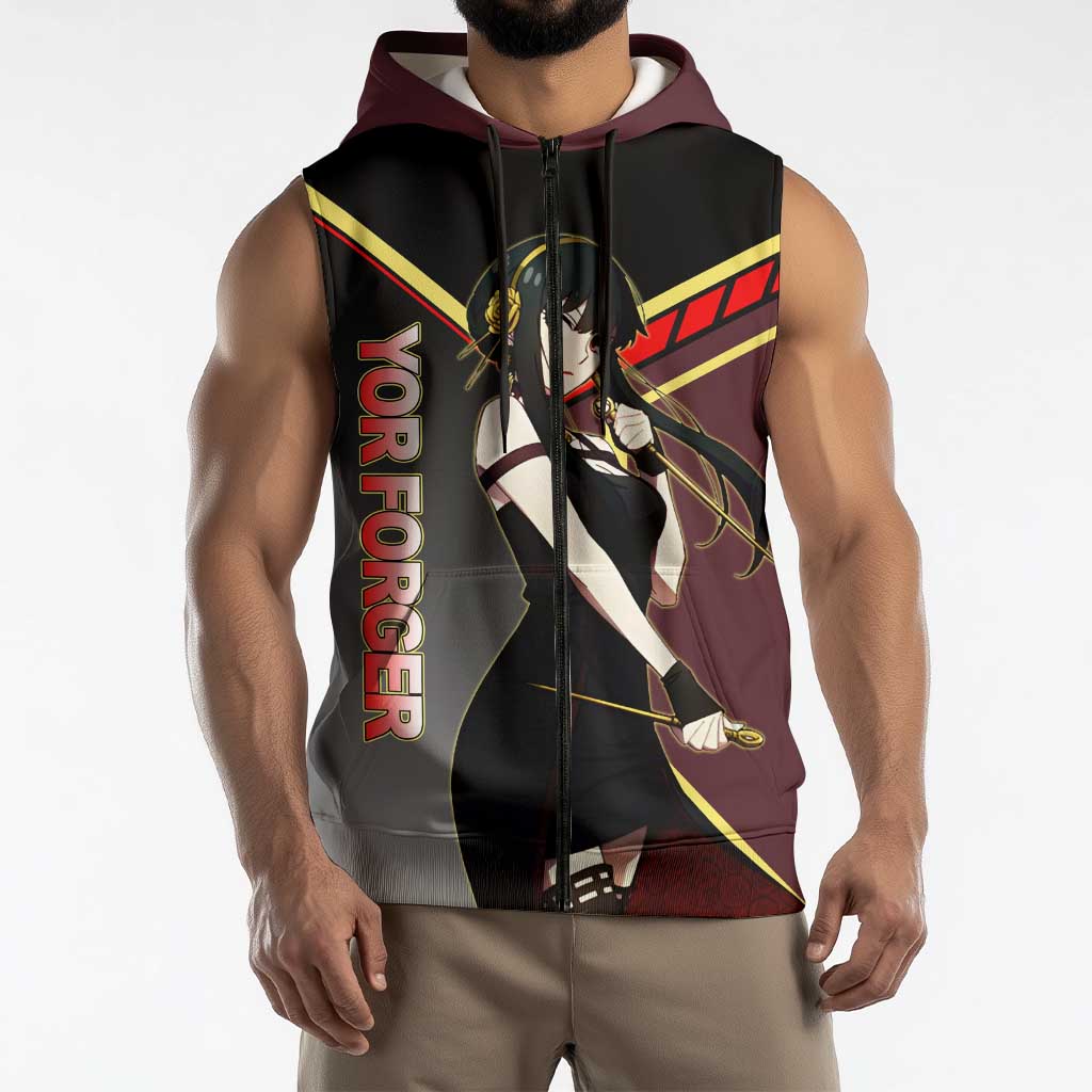 Yor Forger Spy x Family Red and Black Assassin Theme Sleeveless Zip Hoodie with Elegant Weapon Pose and Bold Color Accents - The Mazicc