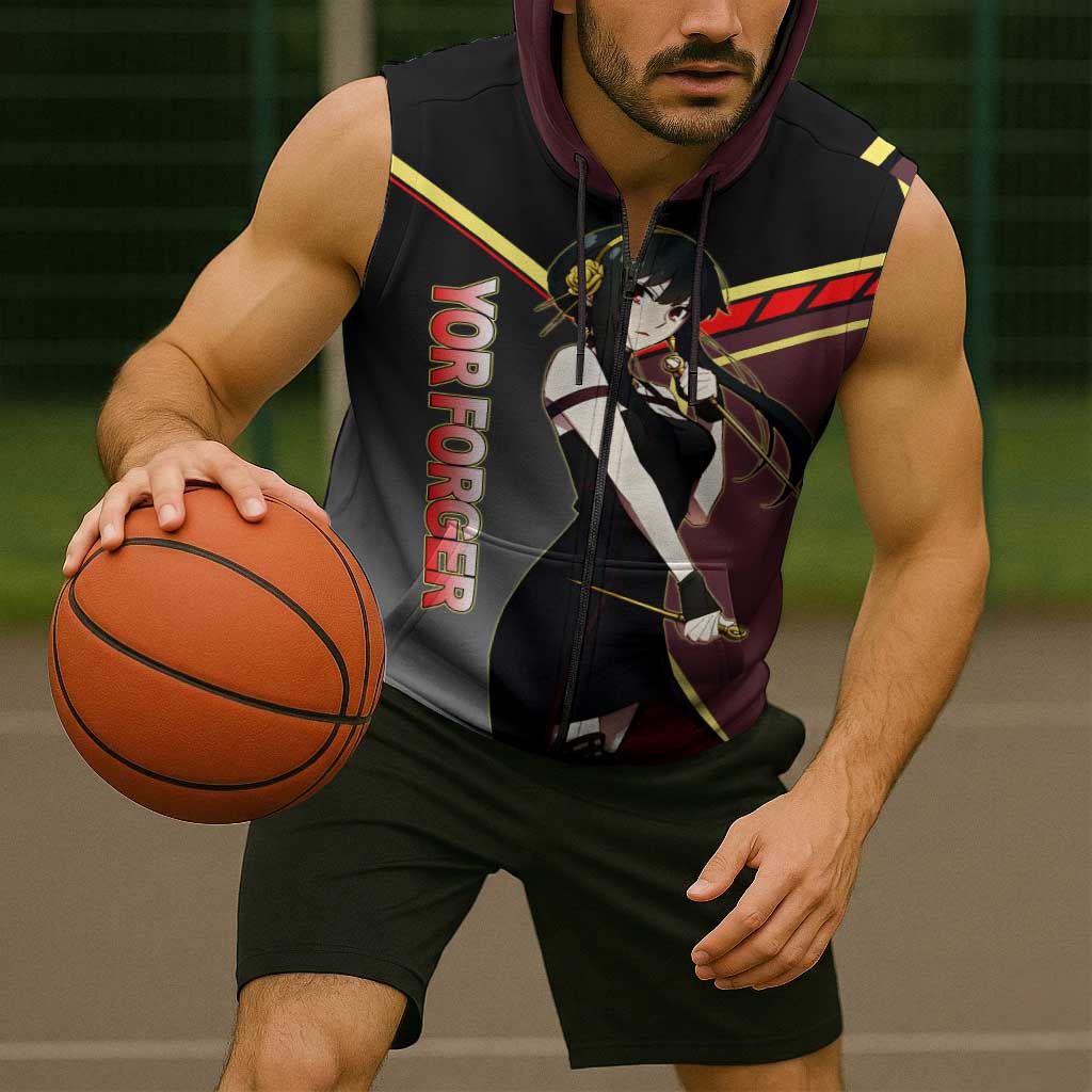 Yor Forger Spy x Family Red and Black Assassin Theme Sleeveless Zip Hoodie with Elegant Weapon Pose and Bold Color Accents - The Mazicc