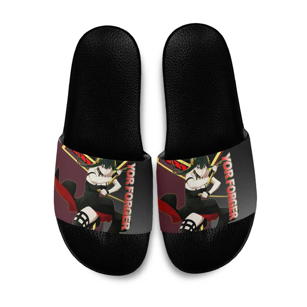 Yor Forger Spy x Family Red and Black Assassin Theme Slide Sandals with Elegant Weapon Pose and Bold Color Accents - The Mazicc