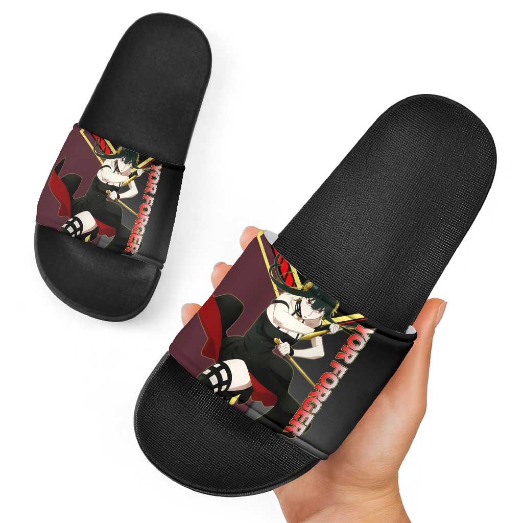 Yor Forger Spy x Family Red and Black Assassin Theme Slide Sandals with Elegant Weapon Pose and Bold Color Accents - The Mazicc