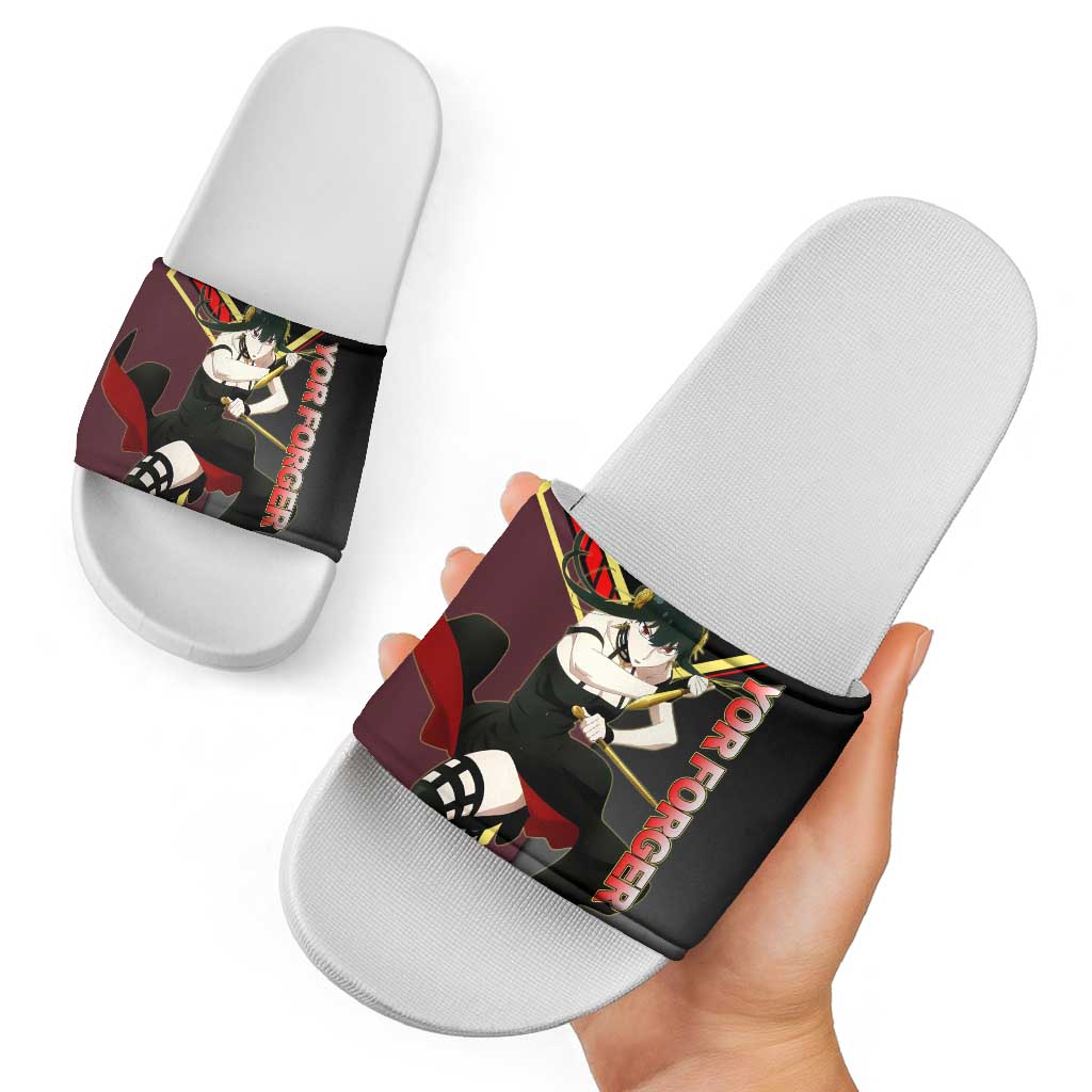 Yor Forger Spy x Family Red and Black Assassin Theme Slide Sandals with Elegant Weapon Pose and Bold Color Accents - The Mazicc