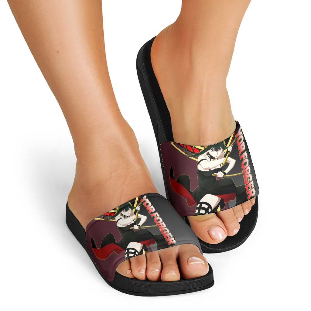 Yor Forger Spy x Family Red and Black Assassin Theme Slide Sandals with Elegant Weapon Pose and Bold Color Accents - The Mazicc