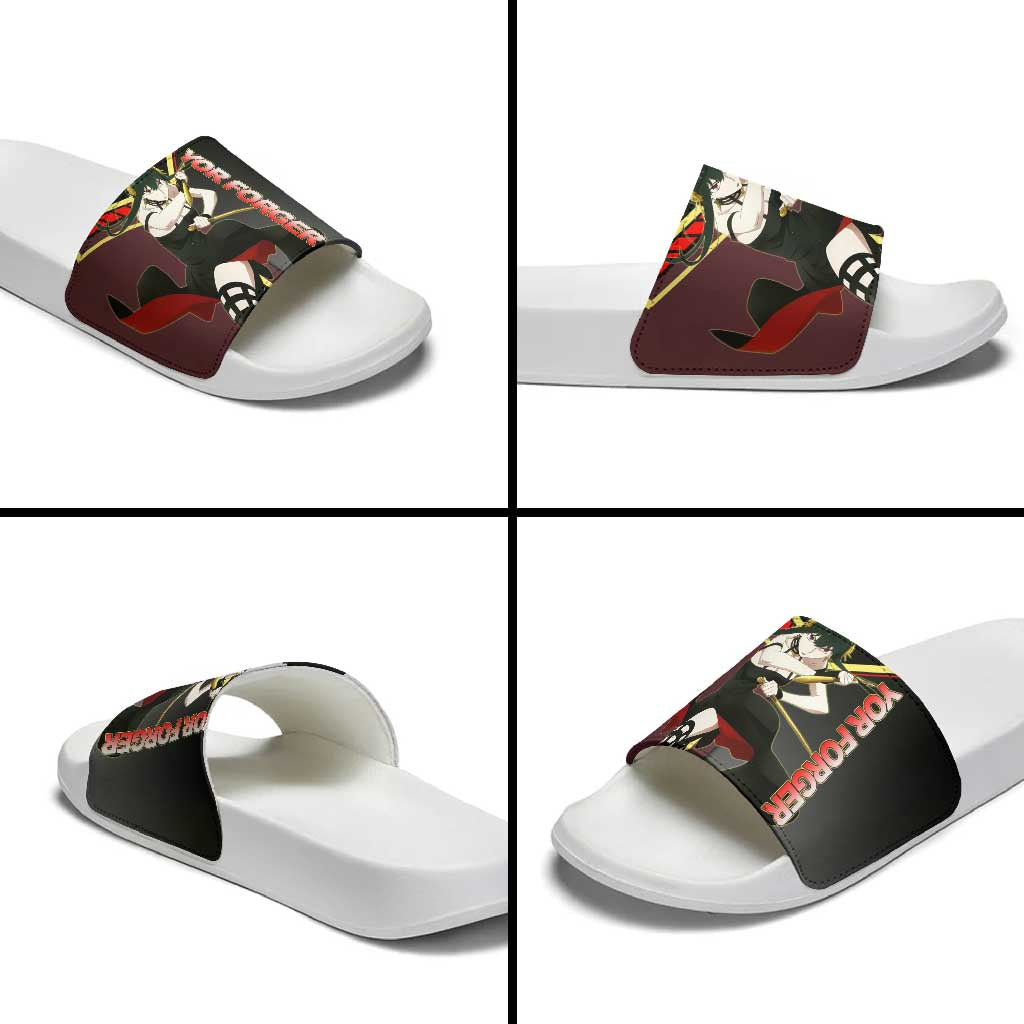Yor Forger Spy x Family Red and Black Assassin Theme Slide Sandals with Elegant Weapon Pose and Bold Color Accents - The Mazicc