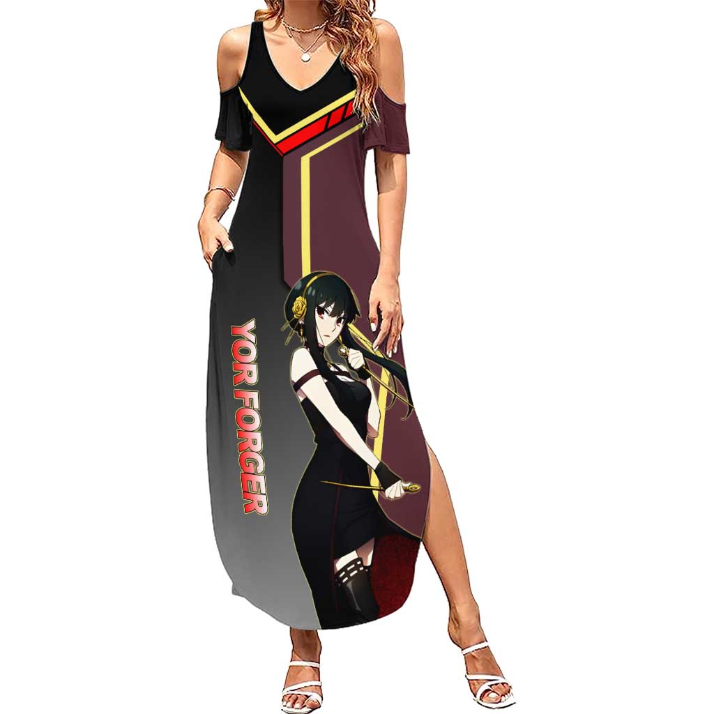 Yor Forger Spy x Family Red and Black Assassin Theme Summer Maxi Dress with Elegant Weapon Pose and Bold Color Accents - The Mazicc