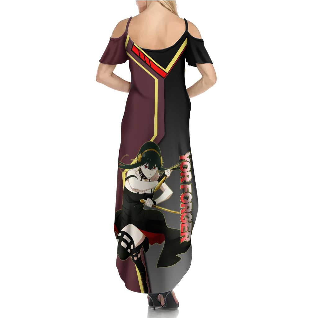 Yor Forger Spy x Family Red and Black Assassin Theme Summer Maxi Dress with Elegant Weapon Pose and Bold Color Accents - The Mazicc