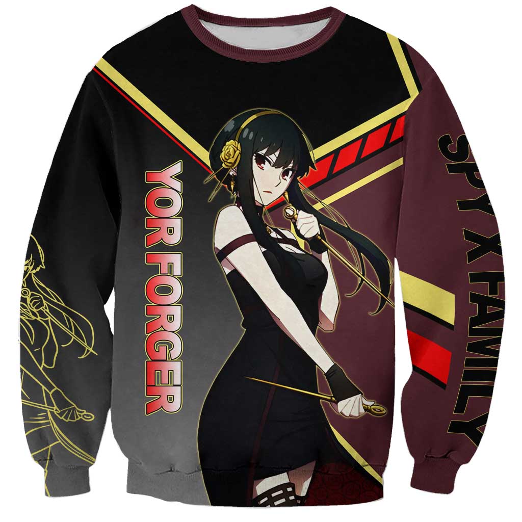 Yor Forger Spy x Family Red and Black Assassin Theme Sweatshirt with Elegant Weapon Pose and Bold Color Accents - The Mazicc
