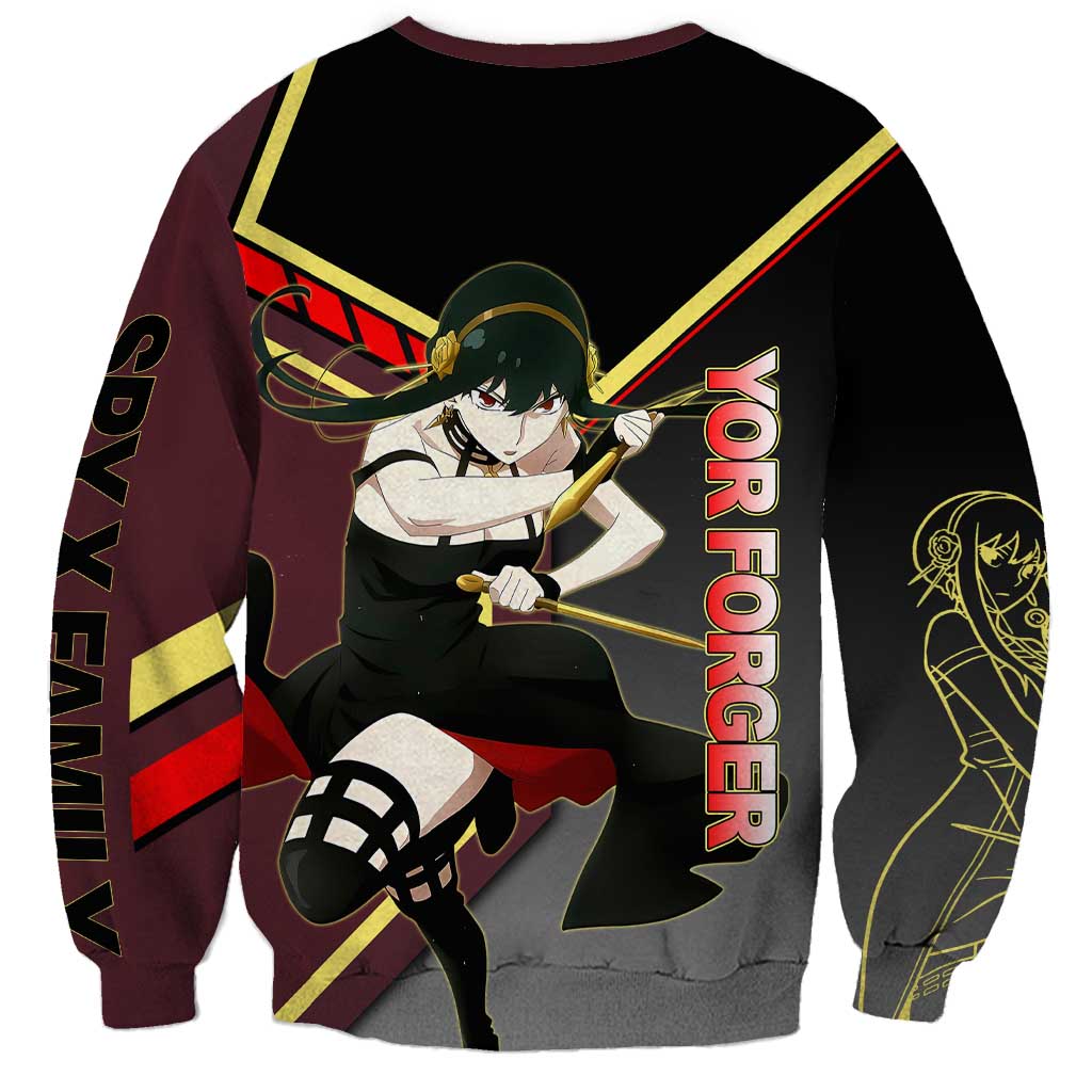 Yor Forger Spy x Family Red and Black Assassin Theme Sweatshirt with Elegant Weapon Pose and Bold Color Accents - The Mazicc