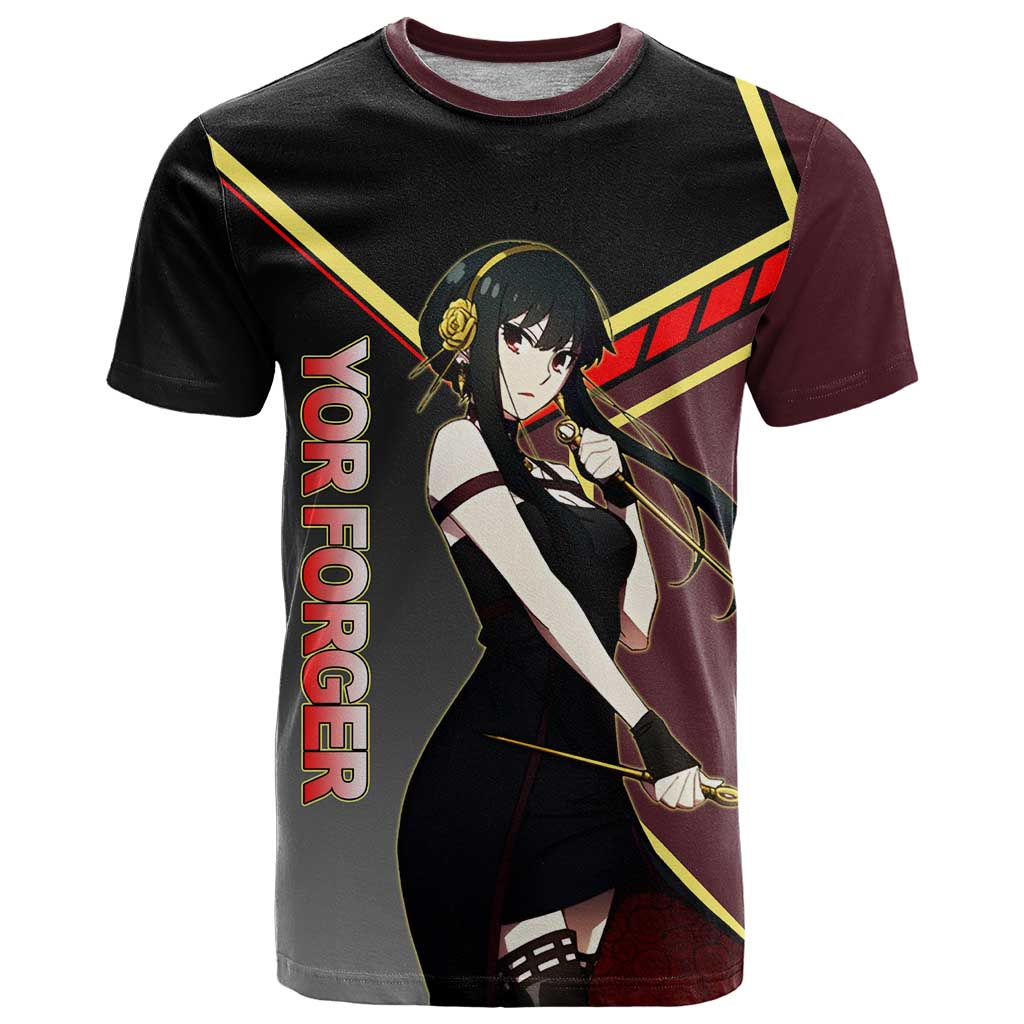 Yor Forger Spy x Family Red and Black Assassin Theme T Shirt with Elegant Weapon Pose and Bold Color Accents - The Mazicc