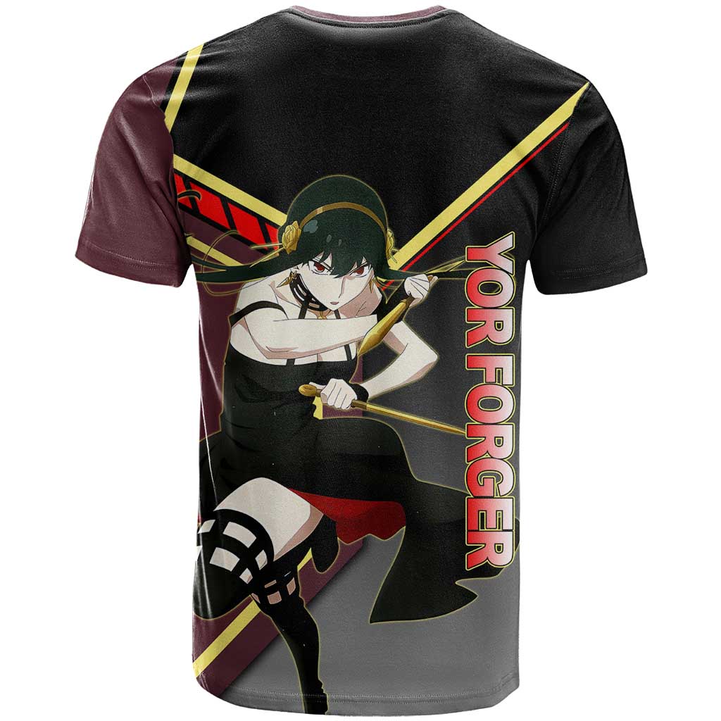 Yor Forger Spy x Family Red and Black Assassin Theme T Shirt with Elegant Weapon Pose and Bold Color Accents - The Mazicc