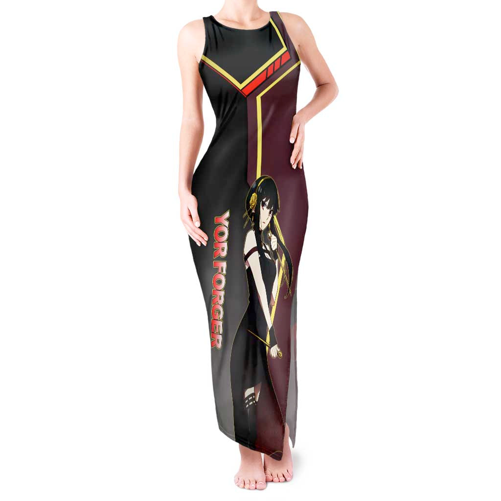 Yor Forger Spy x Family Red and Black Assassin Theme Tank Maxi Dress with Elegant Weapon Pose and Bold Color Accents - The Mazicc