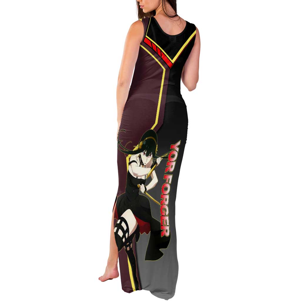 Yor Forger Spy x Family Red and Black Assassin Theme Tank Maxi Dress with Elegant Weapon Pose and Bold Color Accents - The Mazicc