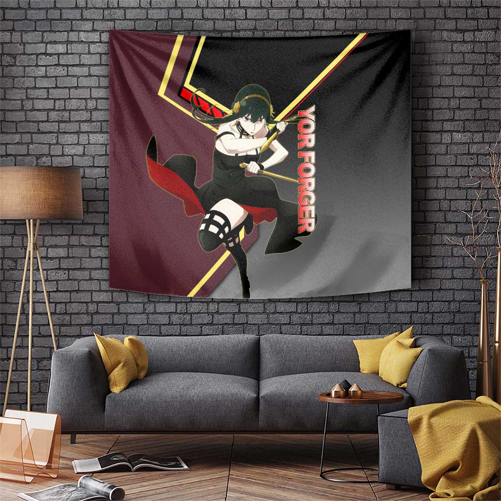 Yor Forger Spy x Family Red and Black Assassin Theme Tapestry with Elegant Weapon Pose and Bold Color Accents - The Mazicc