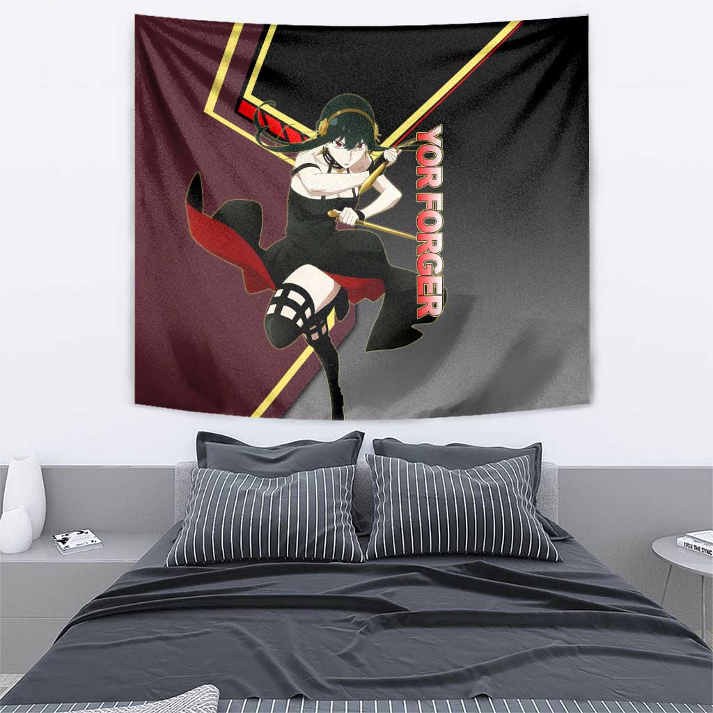 Yor Forger Spy x Family Red and Black Assassin Theme Tapestry with Elegant Weapon Pose and Bold Color Accents - The Mazicc