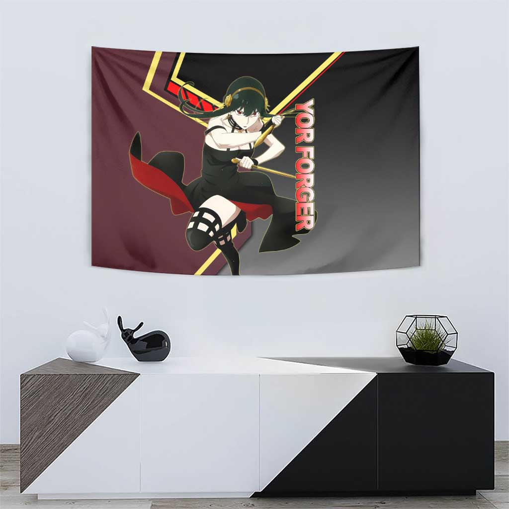 Yor Forger Spy x Family Red and Black Assassin Theme Tapestry with Elegant Weapon Pose and Bold Color Accents - The Mazicc