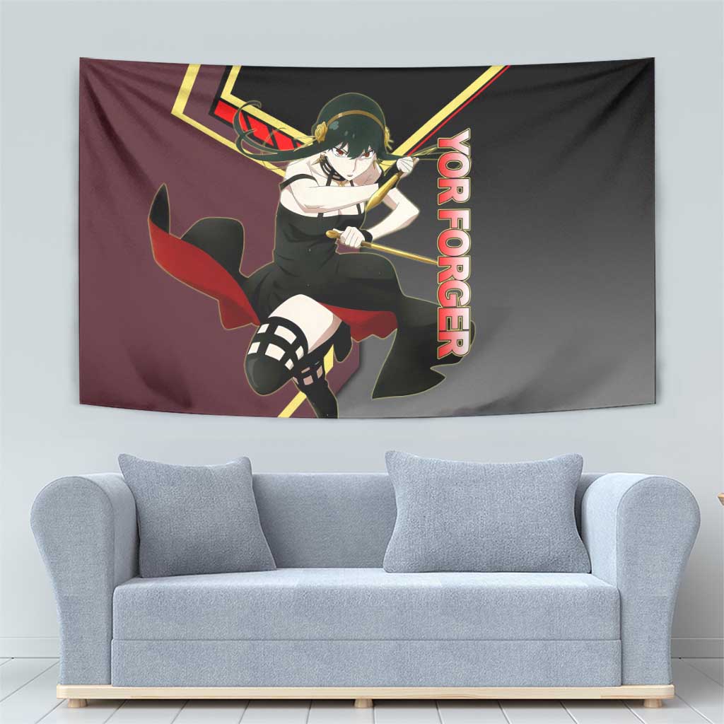 Yor Forger Spy x Family Red and Black Assassin Theme Tapestry with Elegant Weapon Pose and Bold Color Accents - The Mazicc