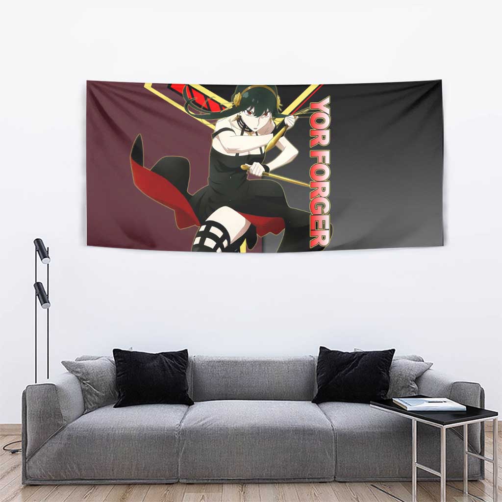 Yor Forger Spy x Family Red and Black Assassin Theme Tapestry with Elegant Weapon Pose and Bold Color Accents - The Mazicc