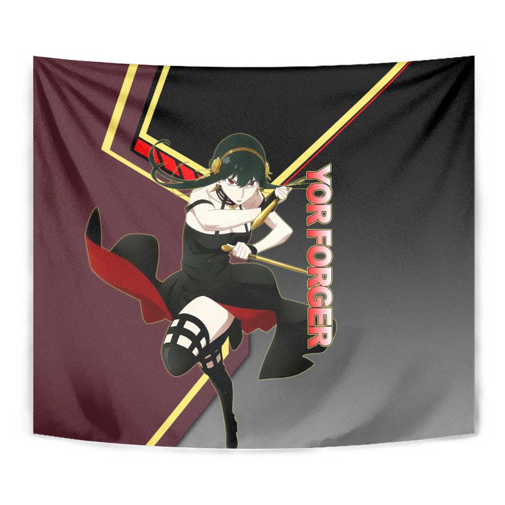 Yor Forger Spy x Family Red and Black Assassin Theme Tapestry with Elegant Weapon Pose and Bold Color Accents - The Mazicc