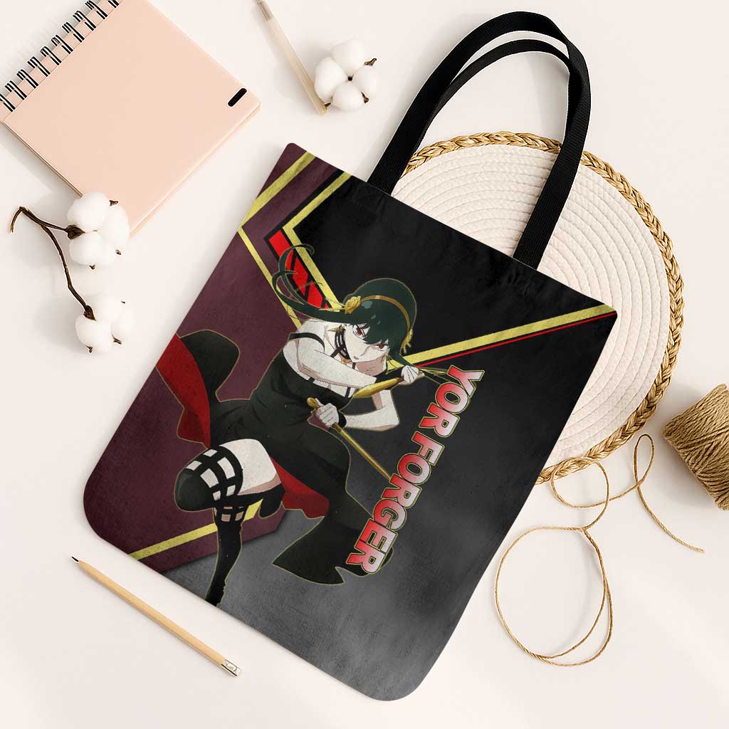 Yor Forger Spy x Family Red and Black Assassin Theme Tote Bag with Elegant Weapon Pose and Bold Color Accents - The Mazicc