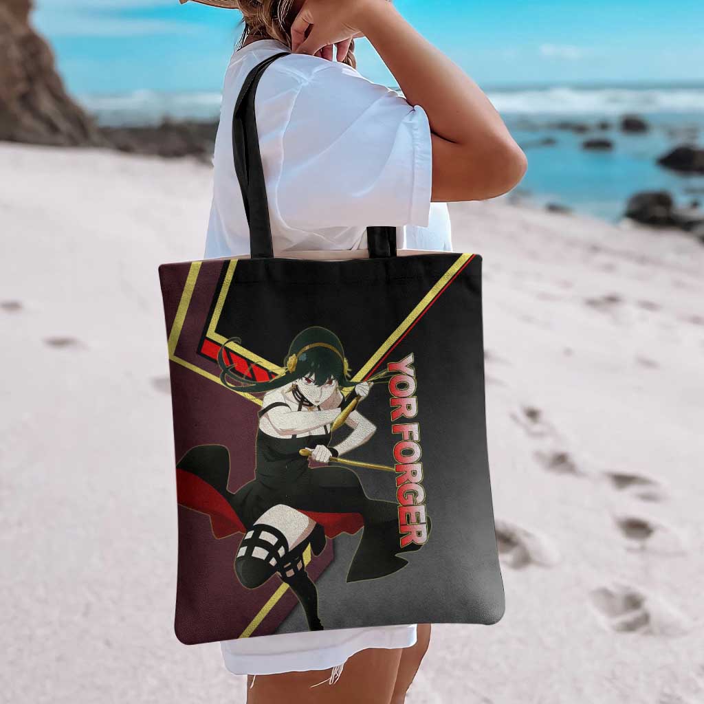Yor Forger Spy x Family Red and Black Assassin Theme Tote Bag with Elegant Weapon Pose and Bold Color Accents - The Mazicc