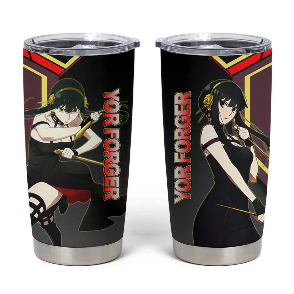 Yor Forger Spy x Family Red and Black Assassin Theme Tumbler Cup with Elegant Weapon Pose and Bold Color Accents - The Mazicc