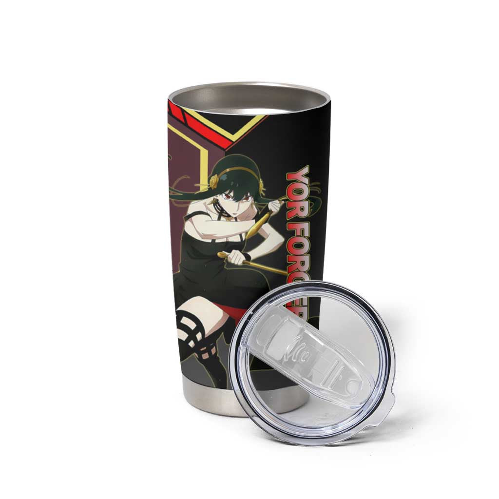 Yor Forger Spy x Family Red and Black Assassin Theme Tumbler Cup with Elegant Weapon Pose and Bold Color Accents - The Mazicc