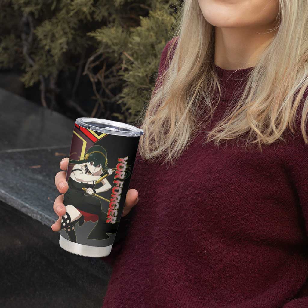 Yor Forger Spy x Family Red and Black Assassin Theme Tumbler Cup with Elegant Weapon Pose and Bold Color Accents - The Mazicc