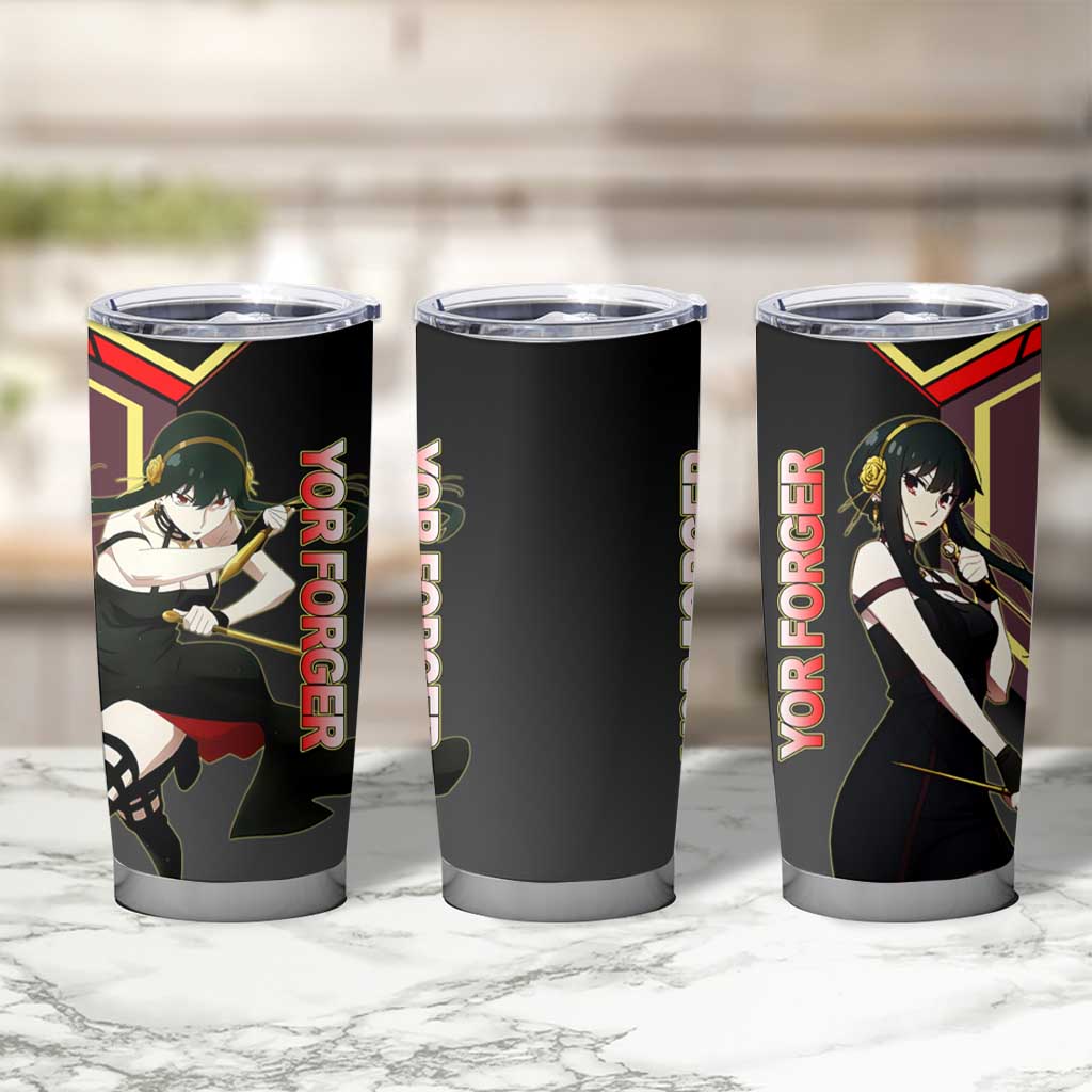 Yor Forger Spy x Family Red and Black Assassin Theme Tumbler Cup with Elegant Weapon Pose and Bold Color Accents - The Mazicc