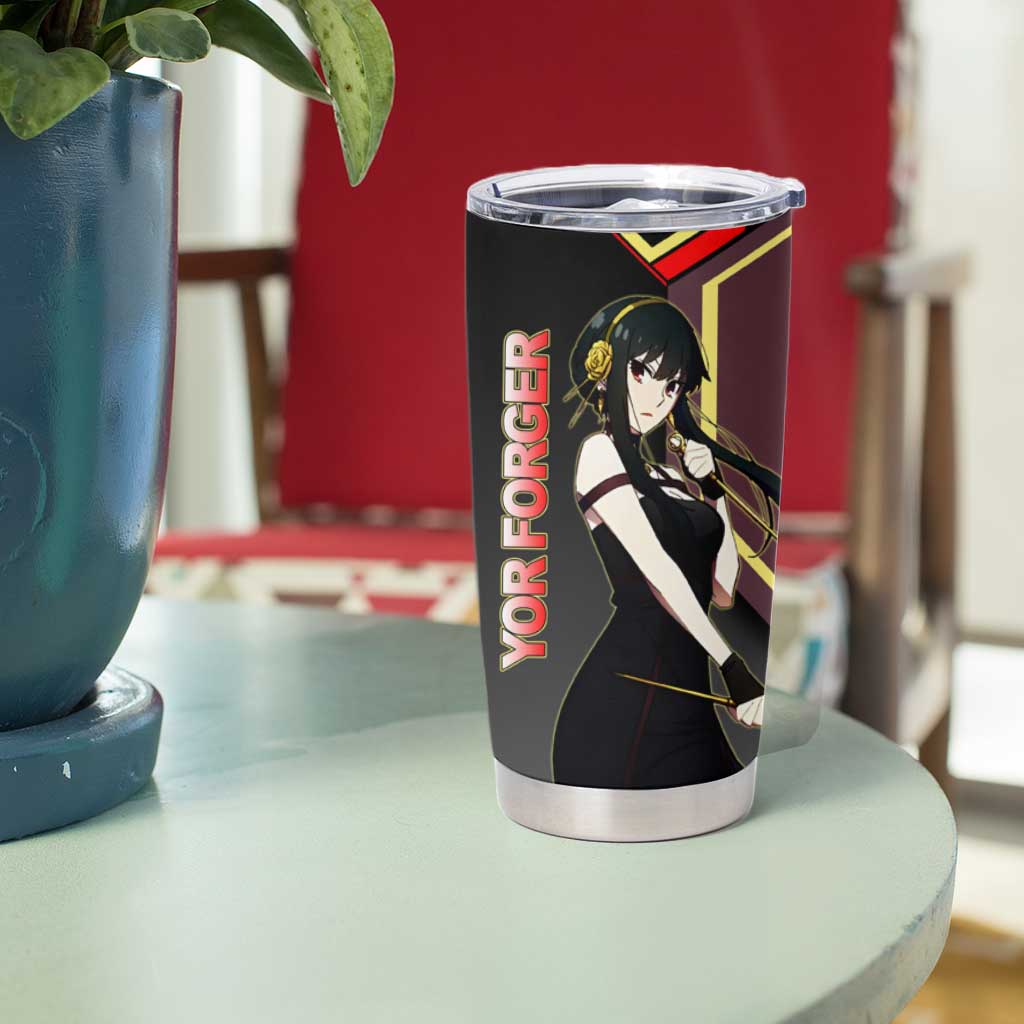 Yor Forger Spy x Family Red and Black Assassin Theme Tumbler Cup with Elegant Weapon Pose and Bold Color Accents - The Mazicc