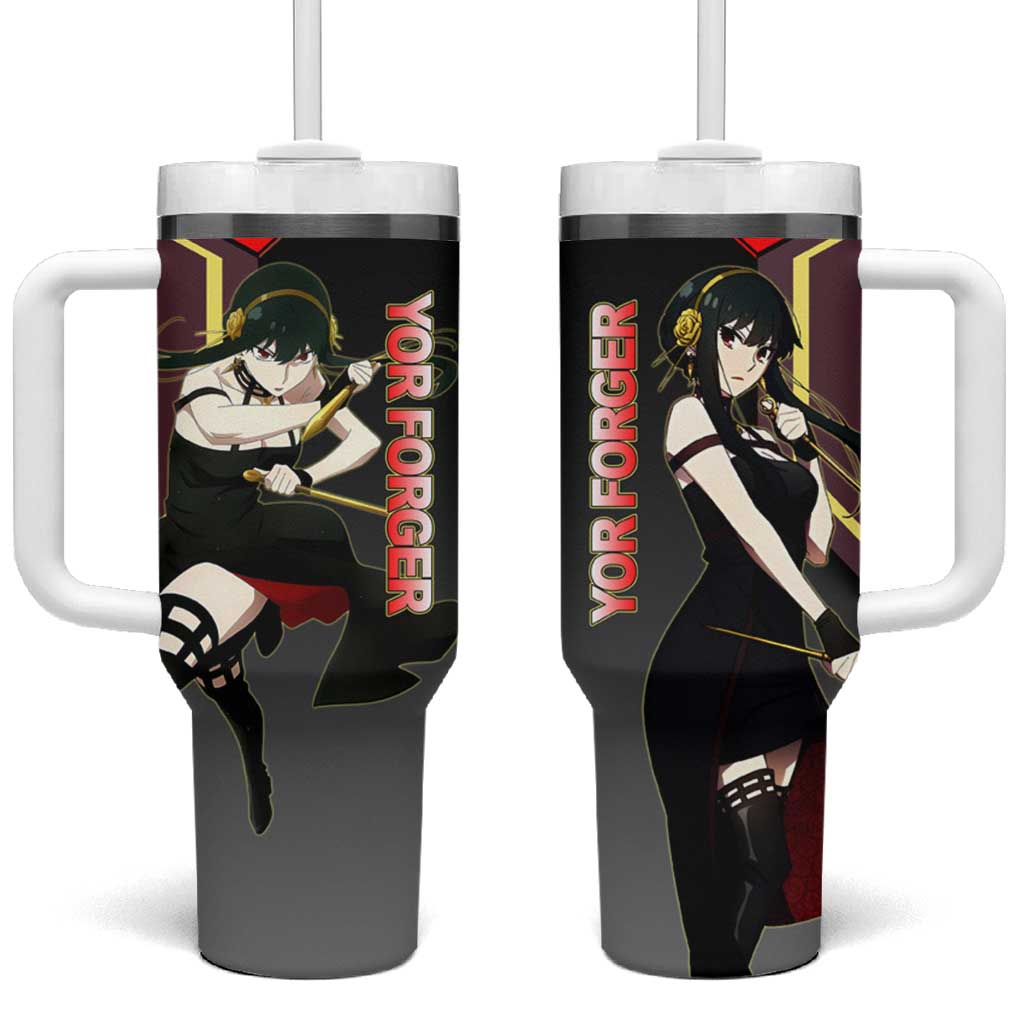 Yor Forger Spy x Family Red and Black Assassin Theme Tumbler With Handle with Elegant Weapon Pose and Bold Color Accents - The Mazicc