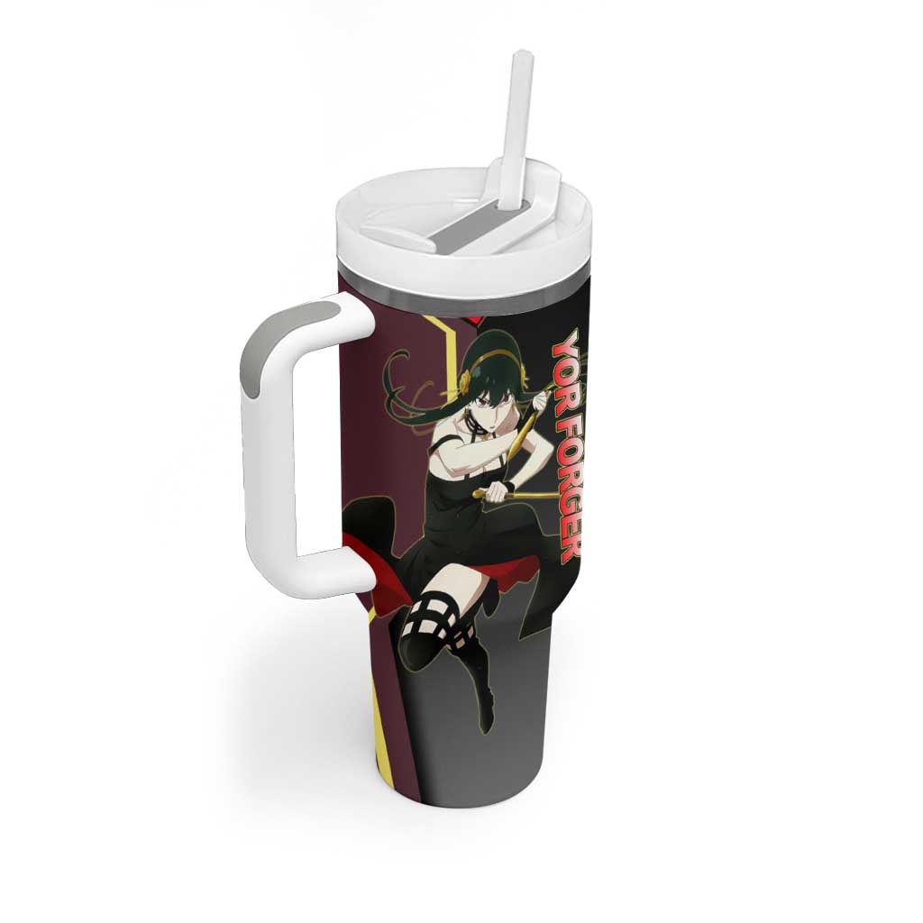 Yor Forger Spy x Family Red and Black Assassin Theme Tumbler With Handle with Elegant Weapon Pose and Bold Color Accents - The Mazicc