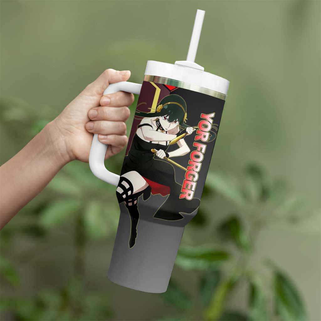 Yor Forger Spy x Family Red and Black Assassin Theme Tumbler With Handle with Elegant Weapon Pose and Bold Color Accents - The Mazicc