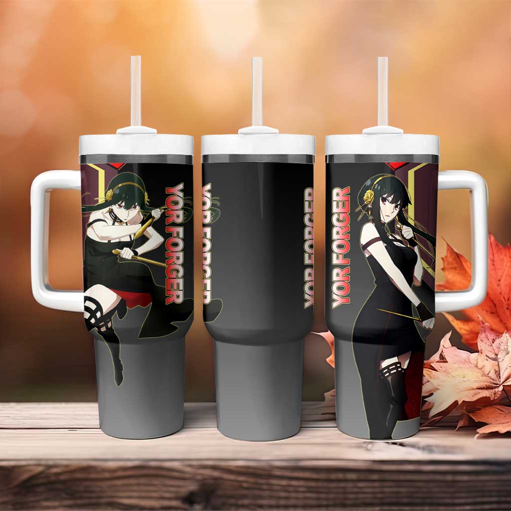 Yor Forger Spy x Family Red and Black Assassin Theme Tumbler With Handle with Elegant Weapon Pose and Bold Color Accents - The Mazicc