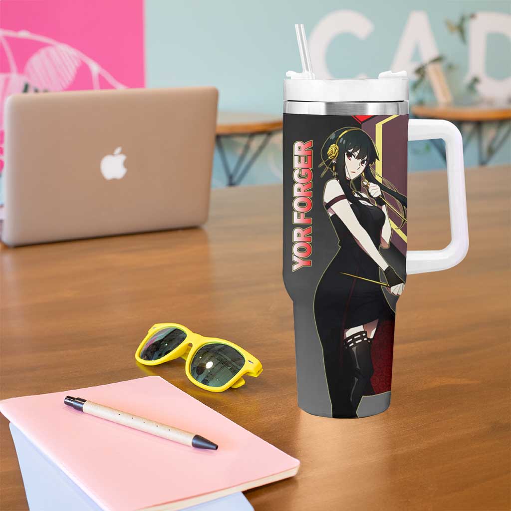 Yor Forger Spy x Family Red and Black Assassin Theme Tumbler With Handle with Elegant Weapon Pose and Bold Color Accents - The Mazicc