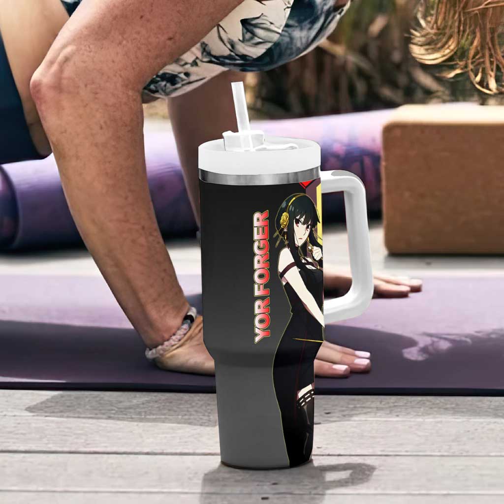 Yor Forger Spy x Family Red and Black Assassin Theme Tumbler With Handle with Elegant Weapon Pose and Bold Color Accents - The Mazicc